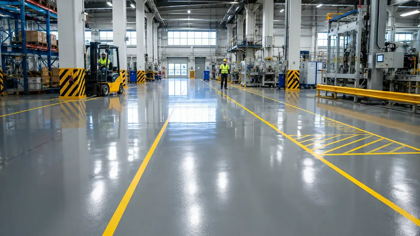 Spacious factory floor with industrial epoxy flooring, yellow safety lines, forklift on the left, and workers near machinery.