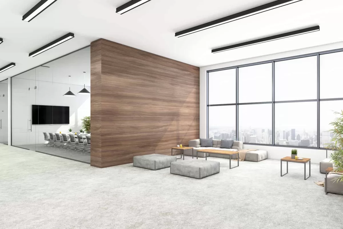 Modern office lobby with polished commercial concrete flooring